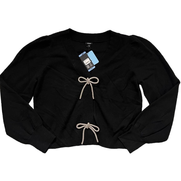 NWT Express Sparkle Bow Cardigan SOLD OUT Puff Sleeve Black XL - Picture 4 of 15